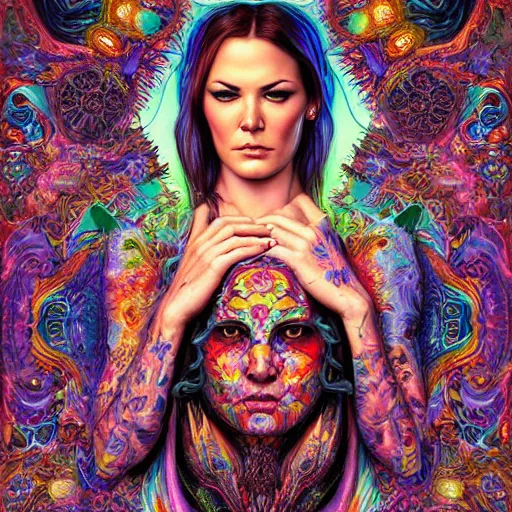 Prompt: portrait of danneel ackles, hyper detailed masterpiece, neon floral pattern, jean giraud, digital art painting, darkwave goth aesthetic, psychedelic, artgerm, donato giancola and tom bagshaw