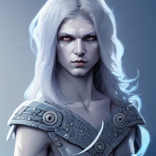 Image similar to cyclops fighter, white grey blue color palette, male, d & d, fantasy, intricate, elegant, highly detailed, long silver hair, digital painting, artstation, octane render, concept art, matte, sharp focus, illustration, hearthstone, art by artgerm, alphonse mucha johannes voss