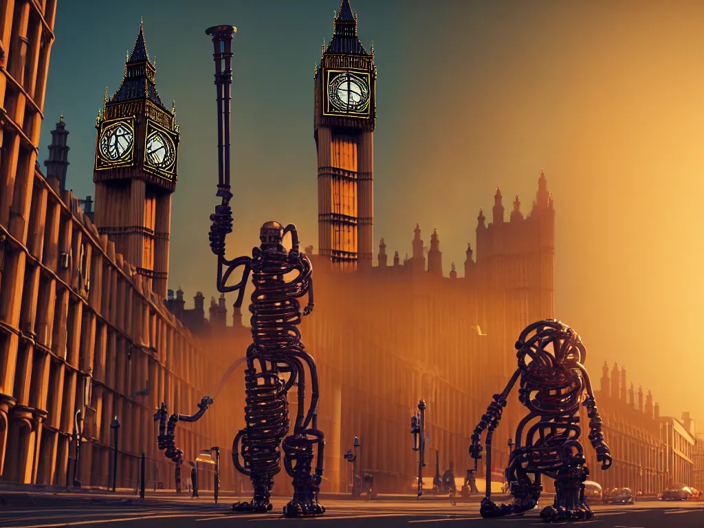 Image similar to a giant ancient beautiful cyborg of the elder gods with pipes and tubes in the city of London, an image of a beautiful cyborg, a beautiful cyborg, a cyborg, London streets with bigben in the background, colourful, dramatic lighting, golden hour, very detailed octane render very realistic beautiful