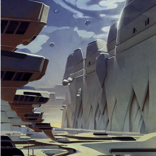 Image similar to dreamy landscape. science fiction. cinematic sci - fi scene. symmetry. accurate anatomy. science fiction theme. brutalism. intricate detail. epic. intimidating. retrofuturism. winter light. monsters. art by john singer sargent - akira toriyama - joaquin sorolla - ralph mcquarrie - kev walker