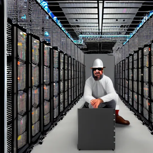 Prompt: painting of bearded corps in opened rack, servers in data center, concept art, digital art, masterpiece