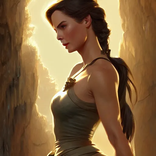 Image similar to Grace Kelly as Lara Croft, western, D&D, fantasy, intricate, elegant, highly detailed, digital painting, artstation, concept art, matte, sharp focus, illustration, art by Artgerm and Greg Rutkowski and Alphonse Mucha