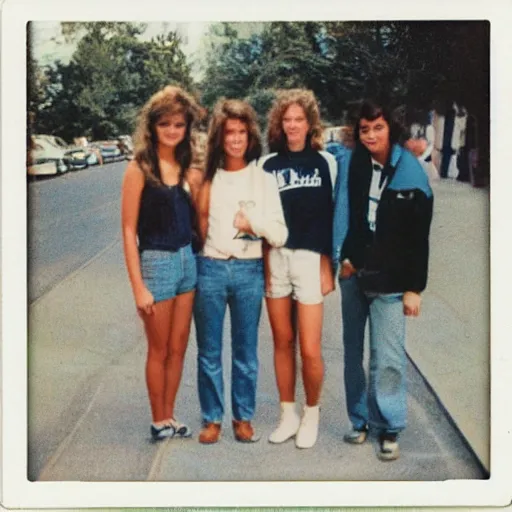 Prompt: Polaroid photograph of stylish college students, taken in 1986