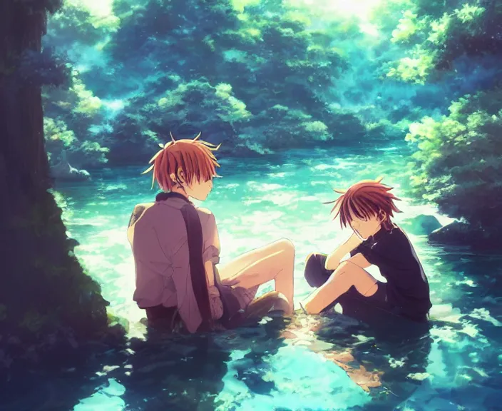 Image similar to anime key visual of a young man anime and young woman anime sitting together on one single boat. Romantic. Girl has auburn hair. Boy has short black hair. Narrow river in a forest, rocky shore, trees, shady, blue waters, ripples, waves, reflections, details, sharp focus, illustration, by Jordan Grimmer and greg rutkowski, Trending artstation, pixiv, digital art