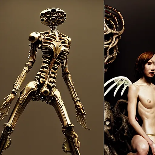 Prompt: still frame from Prometheus movie by Makoto Aida, biomechanical vespa angel gynoid, metal couture by neri oxmn by Guo pei by giger, editorial by Malczewski and by Caravaggio