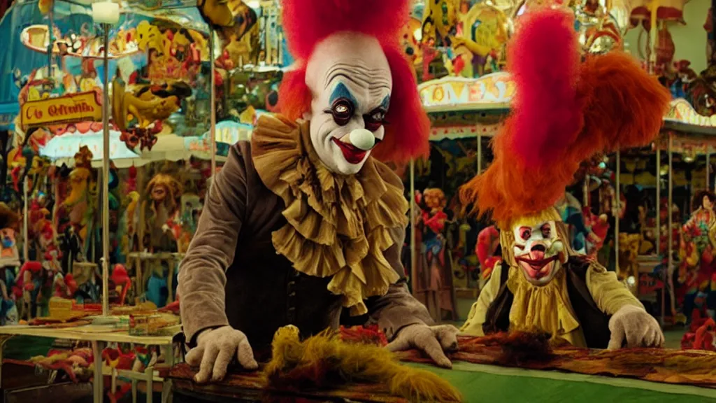 Prompt: the clown creature helps at the fair, film still from the movie directed by denis villeneuve and david cronenberg with art direction by salvador dali and dr. seuss