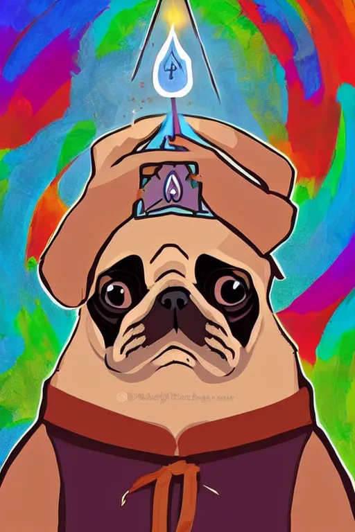 Image similar to Portrait of a pug that is a wizard casting a spell , wizard, medieval, sticker, colorful, casting epic spell, magic the gathering artwork, D&D, fantasy, artstation, heroic pose, illustration, highly detailed, simple, smooth and clean vector curves, no jagged lines, vector art, smooth