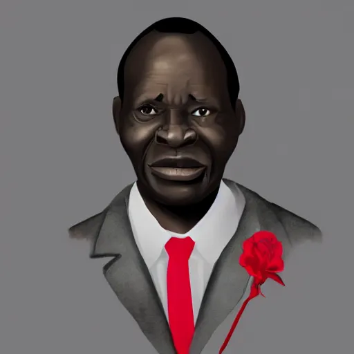 Image similar to a fatherly, aquiline nose, wide forehead, round face, XXL , loving, caring, generous, ever-present, humble, wise elder from Kenya with a friendly expression in a grey suit and red tie painted by Kara Walker. Fatherly/daddy, focused, loving, leader, relaxed,. ethereal lights, details, smooth, sharp focus, illustration, realistic, cinematic, artstation, award winning, rgb , unreal engine, octane render, cinematic light, macro, depth of field, blur, red light and clouds from the back, highly detailed epic cinematic concept art CG render made in Maya, Blender and Photoshop, octane render, excellent composition, dynamic dramatic cinematic lighting, aesthetic, very inspirational, arthouse.