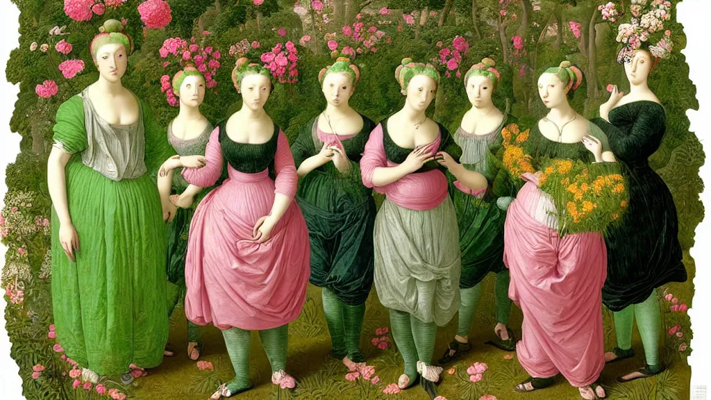 Prompt: portrait of four women with neon green hair buns, wearing modern baggy clothes, standing in a garden full of flowers, intricate details, high detail, in a renaissance style, super-flat, in the style of Jean Auguste Dominique Ingres, James Jean, punk, Asian art,