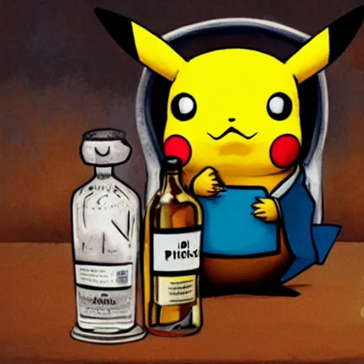 Image similar to pikachu holding a bottle of whiskey