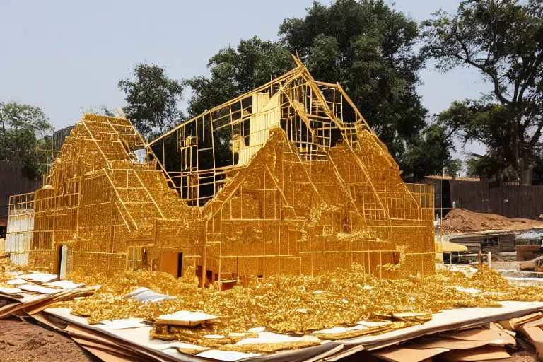 Image similar to a house, under construction, made of gold, with piles of money around it