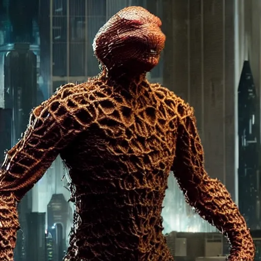 Image similar to thing from fantastic four is cyberpunk solfier, horrific beautiful vibe, evocative, atmospheric lighting, painted, intricate, highly detailed, iris van herpen, stunning, gorgeous, sharp focus, cinematic, masterpiece, still form a silent film