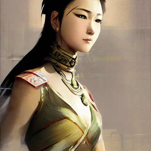 Image similar to ancient dynasty princess, dynasty warriors, cute face, 8 k beautiful, elegant, grafity, c 4 d, digital painting, smooth, concept art, in style of yoji shinkawa, pan ren wei, col price, atey ghailan, by greg rutkowski, aesthetic