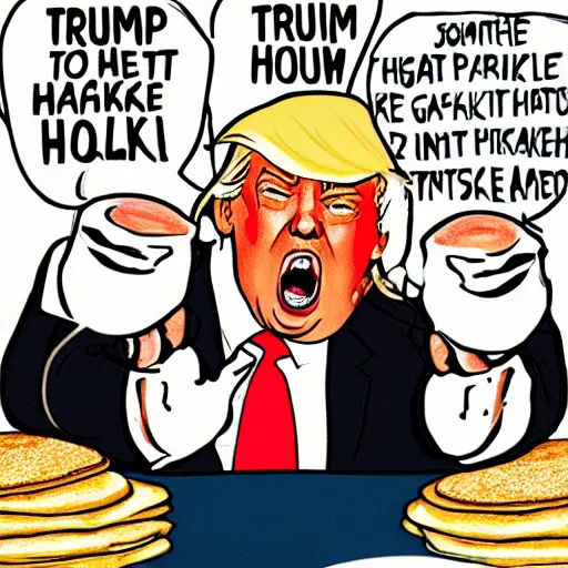 Prompt: Donald Trump screaming at a stack of pancakes