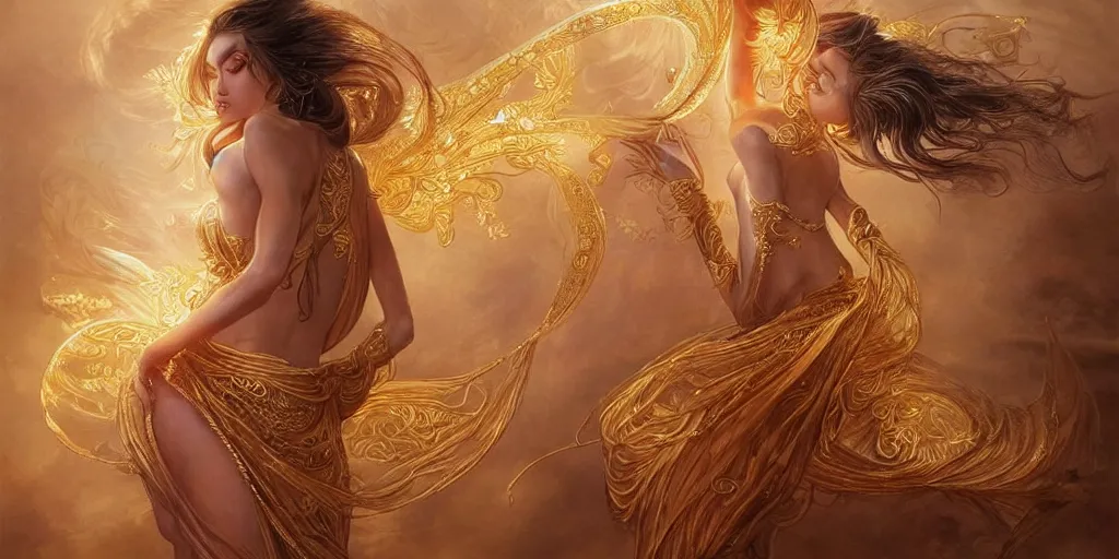 Image similar to asian nymph goddess, of bliss flowing golden silk twisting with elegant tattoos of cursive golden inked sigils on her opalescent skin, fantasy, intricate, very beautiful, elegant, golden light, highly detailed, art by artgerm and greg rutkowski and peter mordenbacher