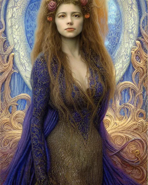 Image similar to matte painting portrait shot, beautiful mira sorvino, detailed and intricate by jean delville, gustave dore and marco mazzoni, art nouveau, symbolist, visionary, colourful, pre - raphaelite