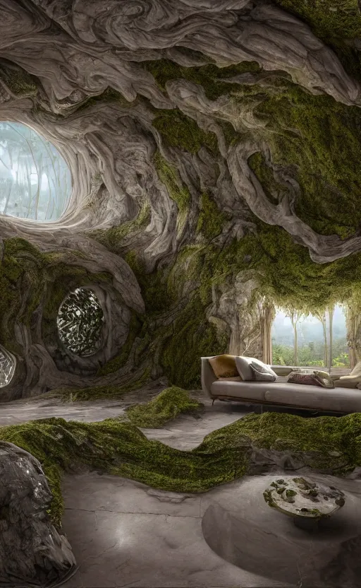 Prompt: highly detailed villa natural beautiful soft light interior cinematic composition of a smooth ceramic porcelain biomorphic magnolia stone nebula fluid sci - fi surreal architecture landscape, furniture, granite, trees, marble, moss, lichen, fungi, vincent callebaut composition, mamou - mani, archviz, 8 k, unreal engine, hdr