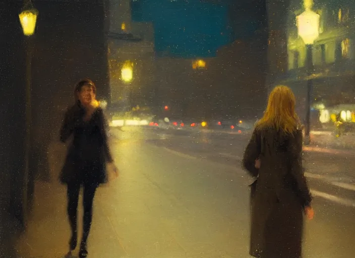 Prompt: detailed portrait of a woman in the city street at night, bokeh, long exposure, painting by jeremy lipking christopher doyle