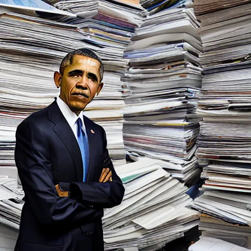 Prompt: obama nervously standing by a mountain of papers, ( eos 5 ds r, iso 1 0 0, f / 8, 1 / 1 2 5, 8 4 mm, postprocessed, crisp face, facial features )