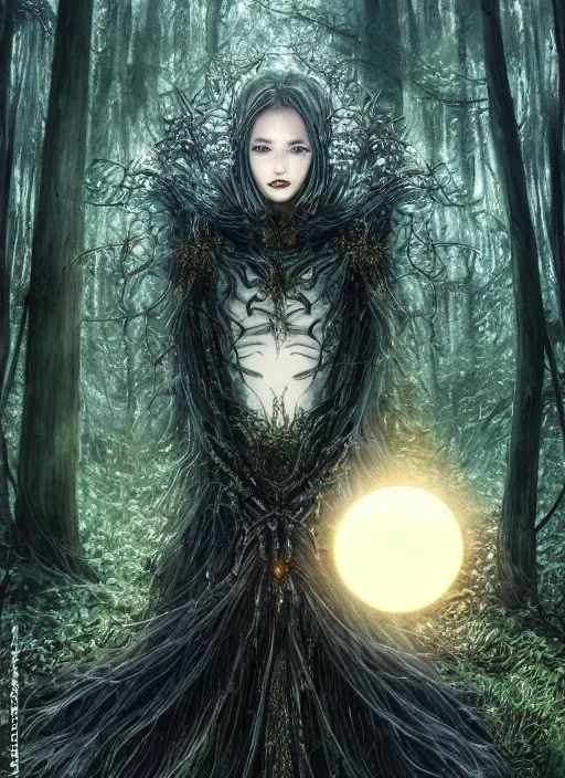 Image similar to glowing silver and golden elements, portrait, A beautiful dark witch in front of the full big moon, book cover, green forest, red white black colors, establishing shot, extremly high detail, foto realistic, cinematic lighting, pen and ink, intricate line drawings, by Yoshitaka Amano, Ruan Jia, Kentaro Miura, Artgerm, post processed, concept art, artstation, matte painting, style by eddie, raphael lacoste, alex ross