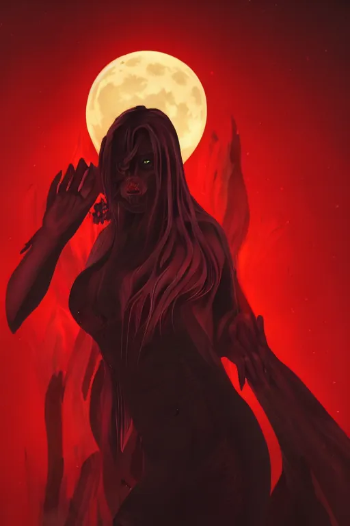 Prompt: central close-up portrait of a mature dark witch in front of the full big moon, sinister atmosphere, red background, vector graphic, detailed, full HD, 4k, 8k, 1080p