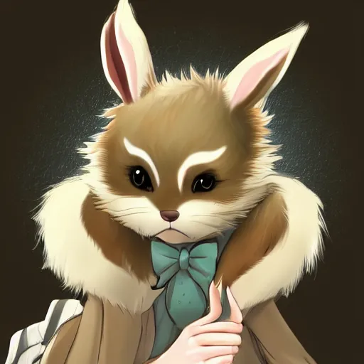 Prompt: cute furry bunny, green eyes, light brown fur, anime, wlop