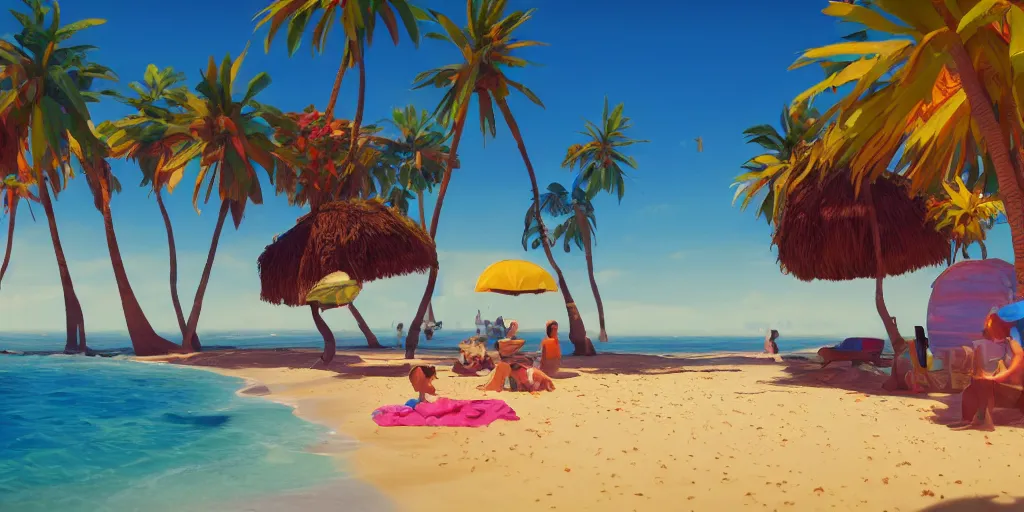 Prompt: a film still of a sunny and colourful beach scene in santa monica, los angelos, top shot, wes anderson, studio ghibli, pixar and disney animation, sharp, rendered in unreal engine 5, anime key art by greg rutkowski, bloom, dramatic lighting