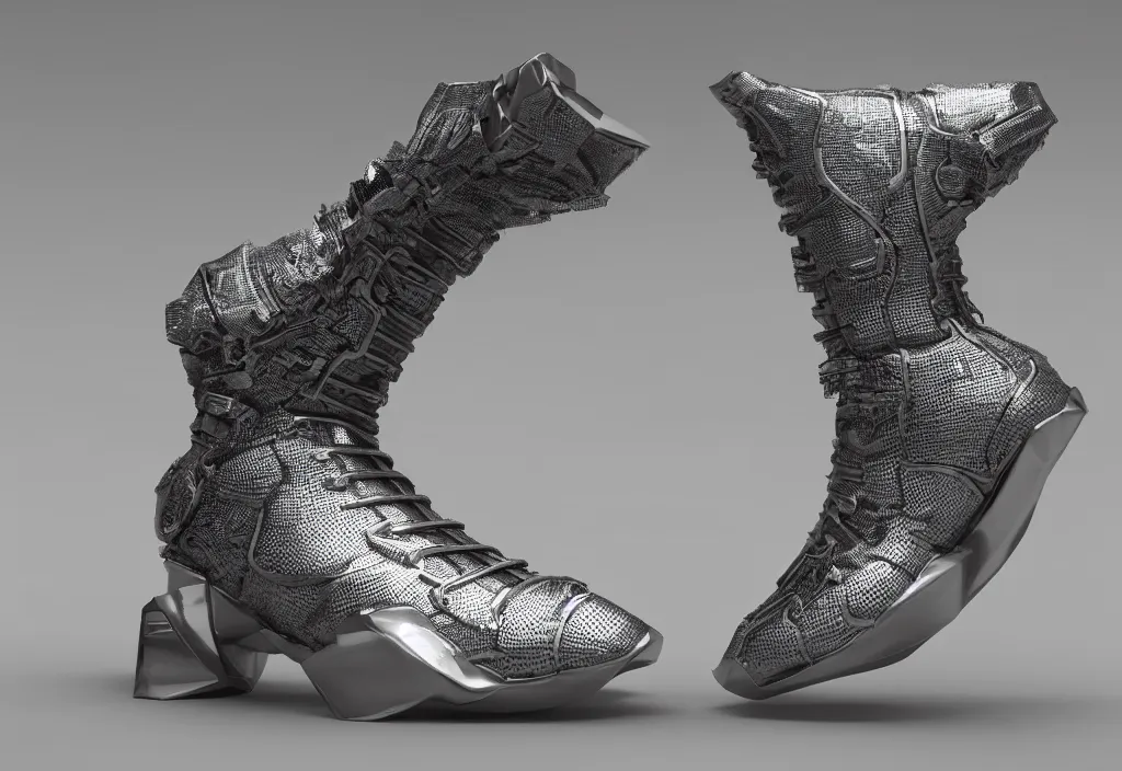 Image similar to one futuristic high - top sneaker with neon illuminated soles on a grey surface, clean 3 d render, beautiful studio lighting, soft, sharp focus, cyberpunk, intricate detail, gold filigree, soft rubber, octane render, trending on artstation, deviantart, art by iris van herpen and syd mead and giger