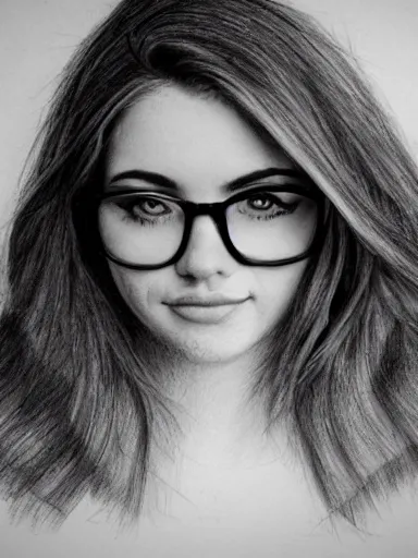 Prompt: highly detailed pencil sketch portrait of a beautiful woman with big eyeglasses that are way to large for the cute face, sharp focus