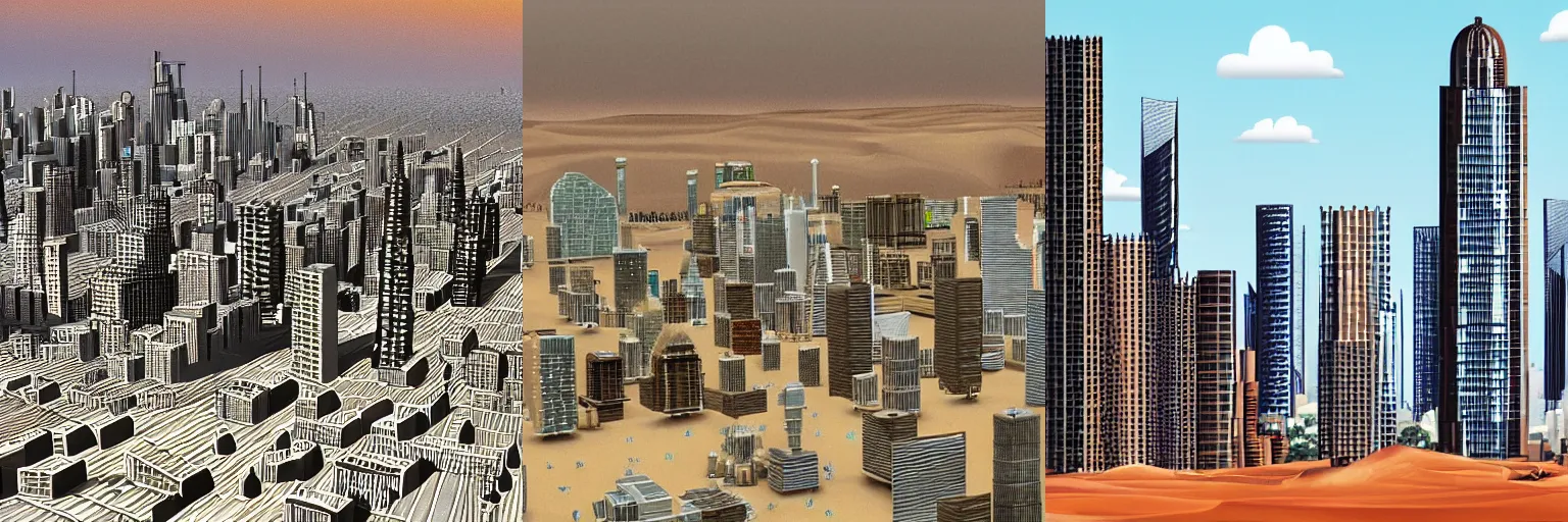 Prompt: Sandy desert city with skyscrapers in the style of Hiroaki Fukuda