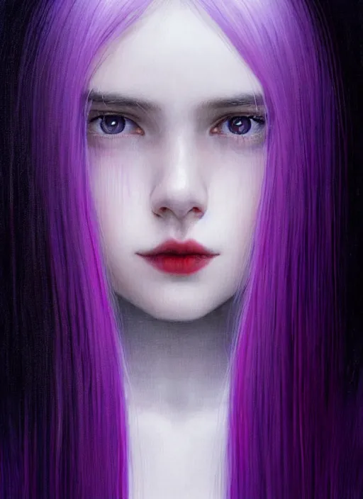 Image similar to hair whitebangs hair, black hair, whitebangs, portrait of teenage girl with white bangs, red irises, purple clothes, white bangs, bangs are different color from hair, intricate, elegant, glowing lights, highly detailed, digital painting, artstation, concept art, smooth, sharp focus, illustration, art by wlop, mars ravelo and greg rutkowski