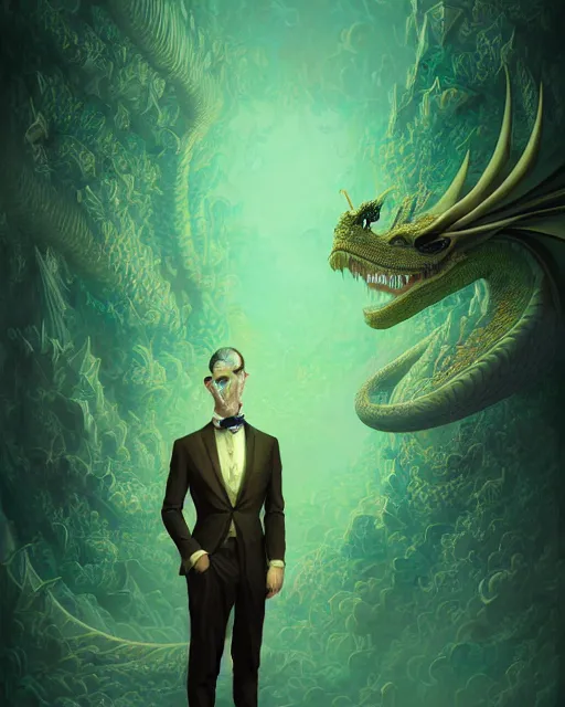 Image similar to anthropomorphic art of a businessman dragon, green dragon, portrait, victorian inspired clothing by artgerm, victo ngai, ryohei hase, artstation. fractal papers and books. highly detailed digital painting, smooth, global illumination, fantasy art by greg rutkowsky, karl spitzweg