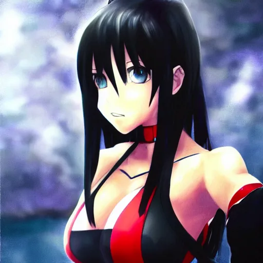 Image similar to portrait of tifa lockhart standing by a river, black and red colors, anime fantasy illustration by tomoyuki yamasaki, kyoto studio, madhouse, ufotable, trending on artstation