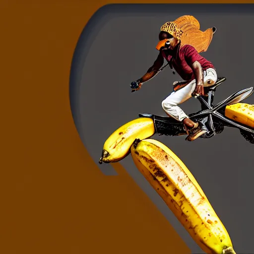 Image similar to travis scott riding a banana, realistic, sharp focus, ultra high details, 8 k, hd, sharp, detailed face