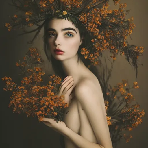 Prompt: fine art photo of the beauty goddess yael shelbia, she has a crown of dried flowers, by oleg oprisco