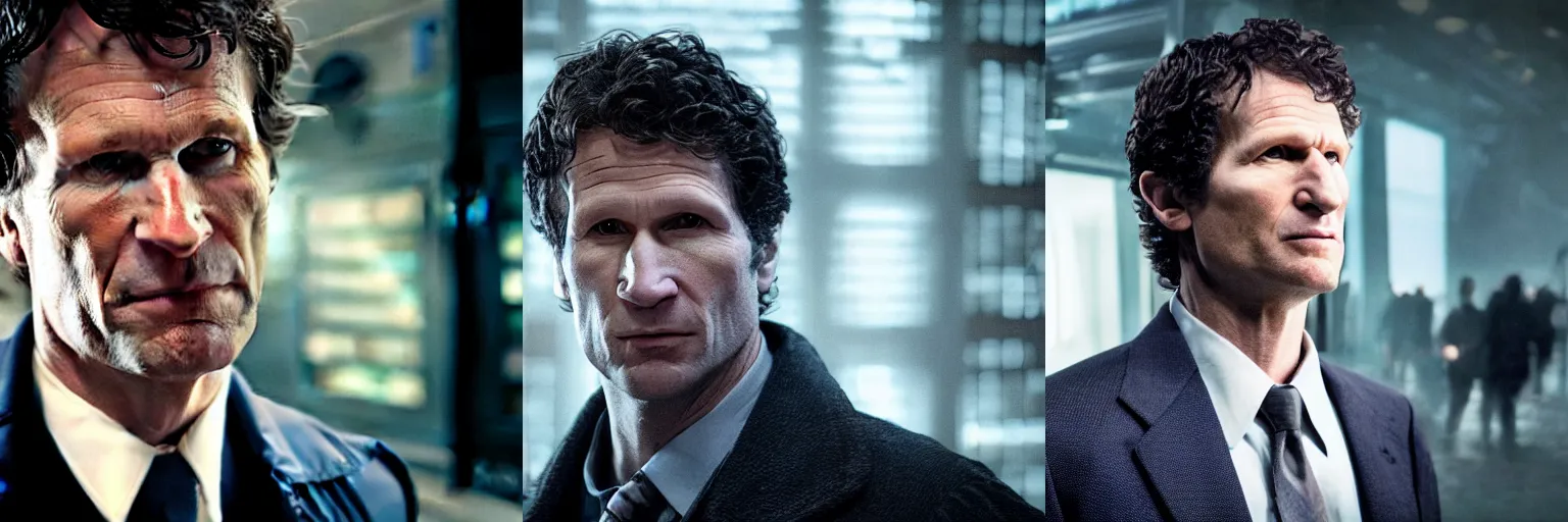 Prompt: close-up of Todd Howard as a detective in a movie directed by Christopher Nolan, movie still frame, promotional image, imax 70 mm footage