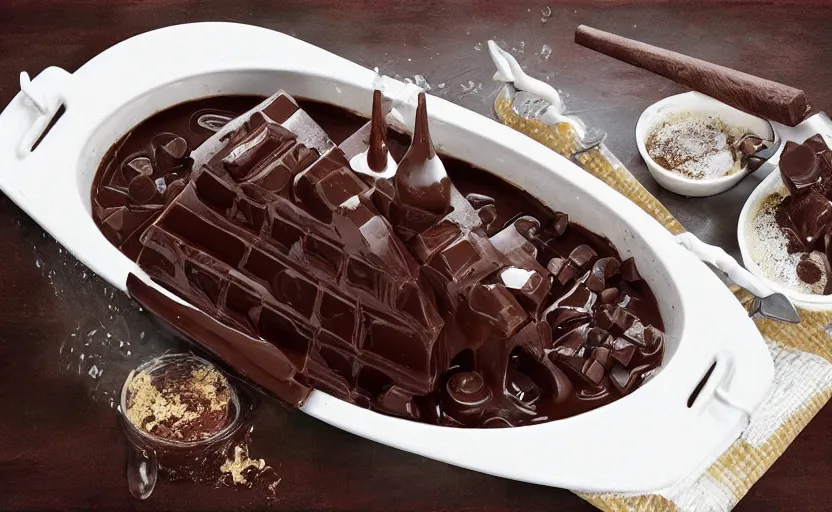 Prompt: a steamboat in a river of chocolate