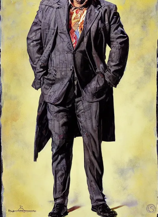 Prompt: full body and head portrait of huge ron perlman rich piana hybrid in tattered suit and trench coat, dynamic action, painted by norman rockwell and phil hale and greg staples and tom lovell and frank schoonover and jack kirby