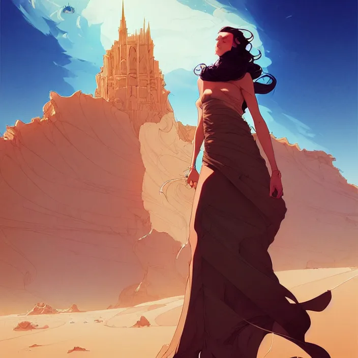 Prompt: style artgerm, joshua middleton, conrad roset, a giant brown stone castle in the desert, very long spires, sand swirling, detailed, ocean background setting, volumetric lighting