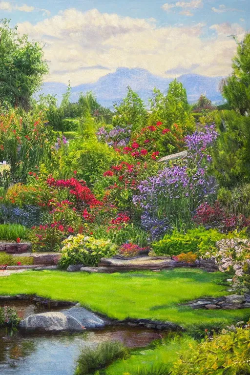 Image similar to mcgovern centennial gardens, oil on canvas, intricate, landscape, 8 k highly professionally detailed, hdr, cgsociety