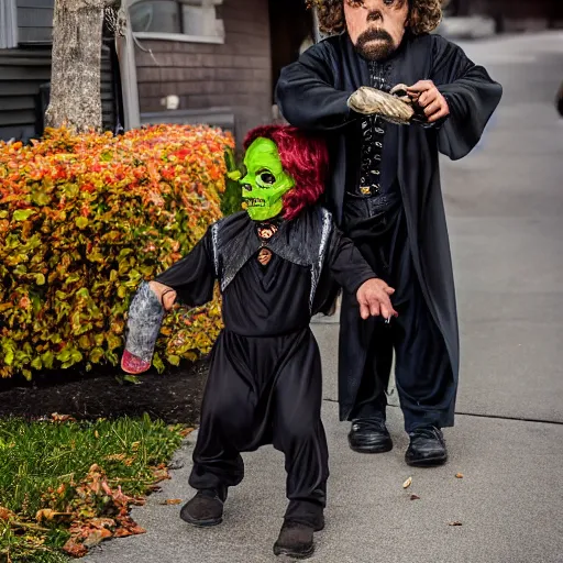 Prompt: peter dinklage trick or treating on halloween, ( sony a 7 r iv, symmetric balance, polarizing filter, photolab, lightroom, 4 k, dolby vision, photography awardm, voque, perfect face )