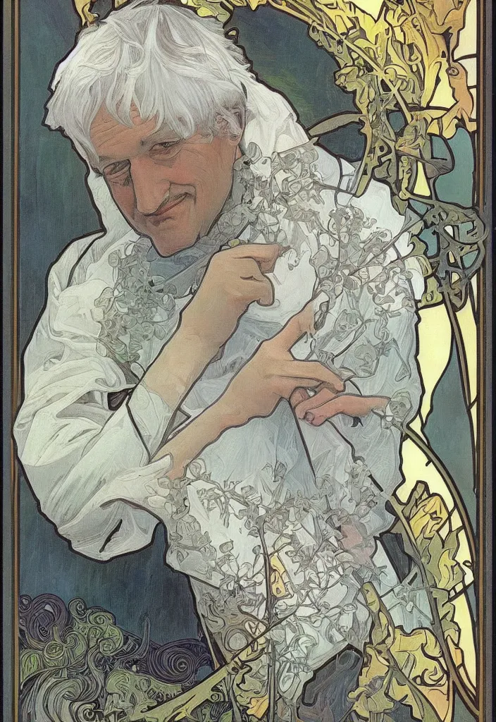 Image similar to realistic white - haired geoffrey hinton on a tarot card, tarot in art style by alphonse mucha