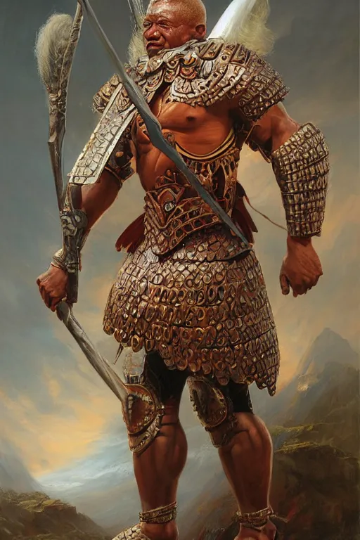 Image similar to a powerful and muscular make igbo warrior , half body portrait, blond hair, ornate armour, realistic oil painting by Thomas Cole and Wayne Barlowe and Boris Valejo