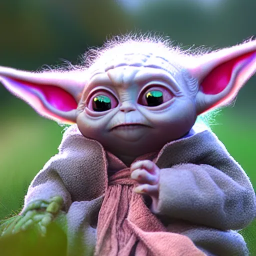 Prompt: baby yoda with long curly pink fur and hair, wearing a dress, 8 k resolution, highly detailed, photo realistic