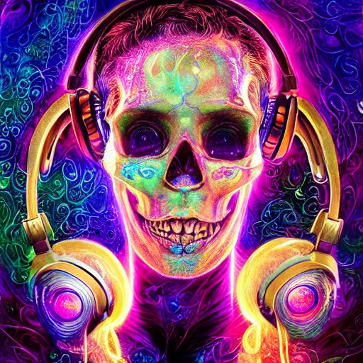 Image similar to portrait of a fantasycore glitchcore deformed skull wearing headphones. intricate abstract. intricate artwork. celestial. prismatic, by josephine wall, pixar, ghibli. octane render, CGSociety very coherent symmetrical artwork. cinematic, hyper realism, high detail, octane render, 8k, holographic accents