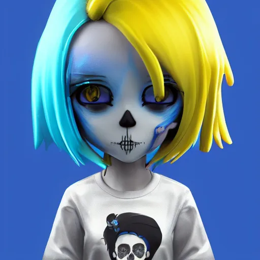 Prompt: a digital painting of a girl with blue hair and a skull on her shirt, lyco art, chibi, by antonio mello, 3 d nft, nendoroid 3 d, cyberpunk artm, cgsociety, sketchfab, seapunk, anime aesthetic, rendered in maya