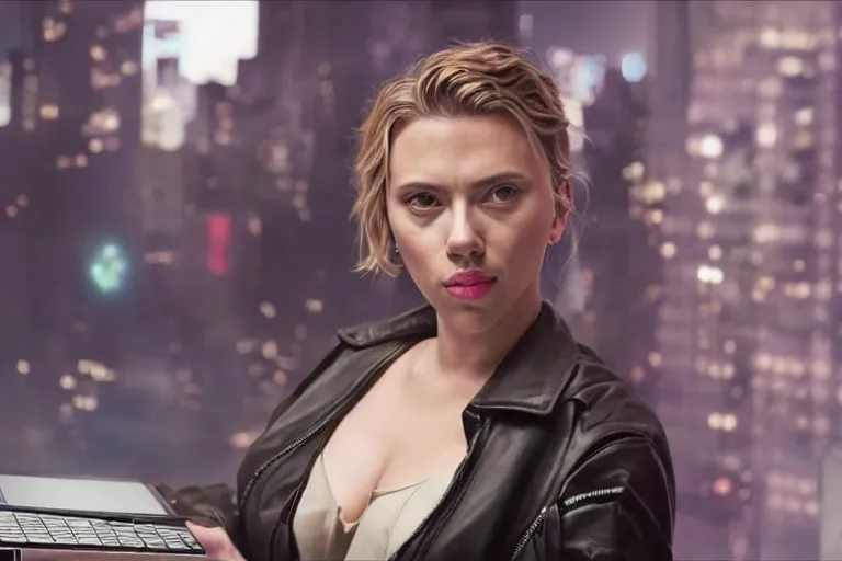 Prompt: Scarlett Johansson deploying code to production working on laptop high-resolution digital art cyberpunk