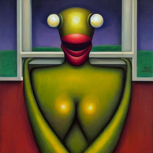 Image similar to biomorphic robot with kind eyes portrait, lowbrow, pj crook, grant wood, edward hopper, oil on canvas