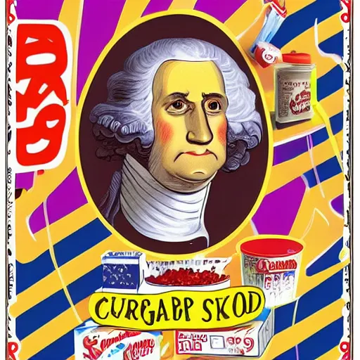 Image similar to silly cover illustration for a box of fat George Washington kids' sugar cereal