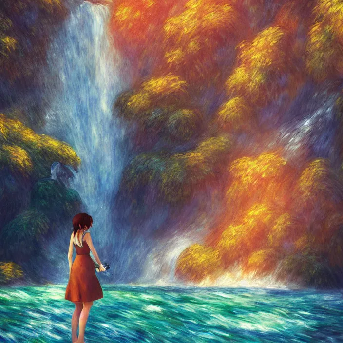 Image similar to an epic makoto shinkai and renoir landscape with a beautiful brown haired woman playing a guitar in front of hawaiian waterfall, golden hour, 🌺, ultra smooth, lois van baarle, ilya kuvshinov, unreal engine, blender, trending on artstation, suntur, caleb worcester, highly detailed, photorealism, bloom effect 8 k